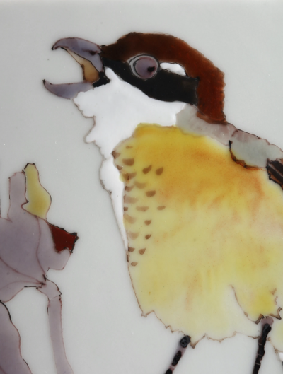 Takegoshi Jun Square Vase with Bull Headed Shrikes on Tree Branches ca 2000