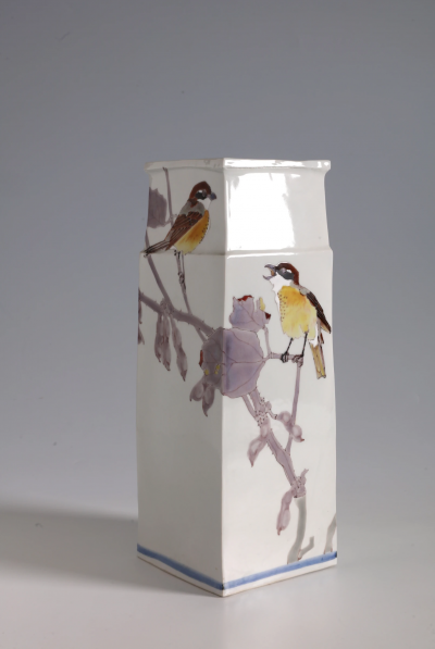 Takegoshi Jun Square Vase with Bull Headed Shrikes on Tree Branches ca 2000