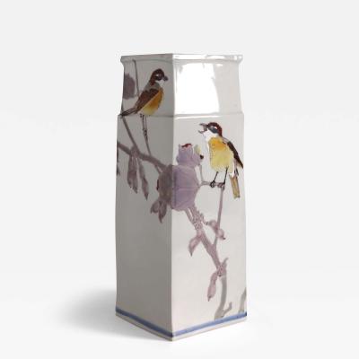 Takegoshi Jun Square Vase with Bull Headed Shrikes on Tree Branches ca 2000