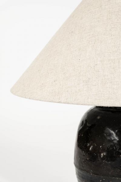 Tall Black Glazed Pottery Table Lamp with Linen Shade
