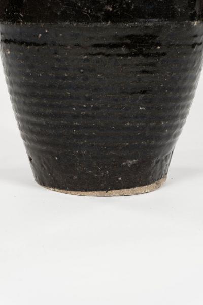 Tall Black Glazed Pottery Table Lamp with Linen Shade