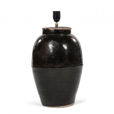 Tall Black Glazed Pottery Table Lamp with Linen Shade