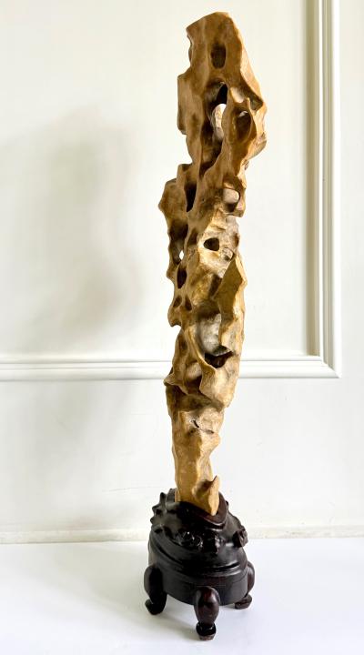 Tall Elegant Chinese Scholar Rock Yellow Taihu Stone on Wood Stand