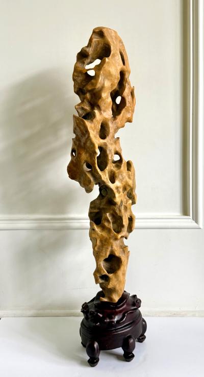Tall Elegant Chinese Scholar Rock Yellow Taihu Stone on Wood Stand
