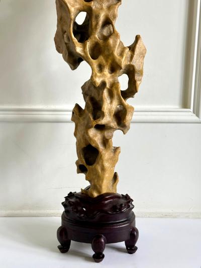 Tall Elegant Chinese Scholar Rock Yellow Taihu Stone on Wood Stand
