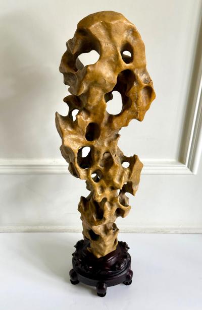 Tall Elegant Chinese Scholar Rock Yellow Taihu Stone on Wood Stand