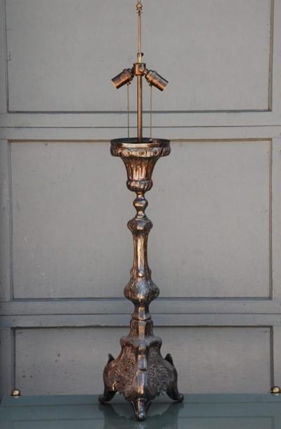 Tall French Silver Plated Baroque Style Candlestick Lamp
