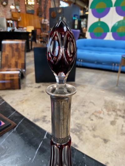 Tall Italian Art Nouveau Emerald Glass Silver Overlay Black Decanter 1938