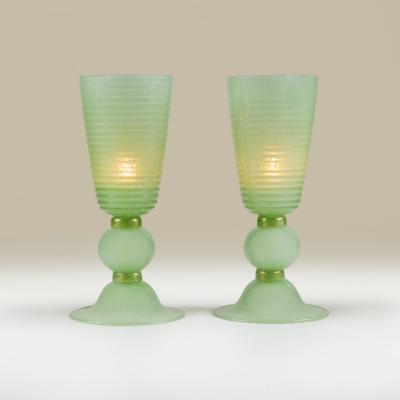 Tall Italian Murano Art Deco jade glass pulegoso uplighters