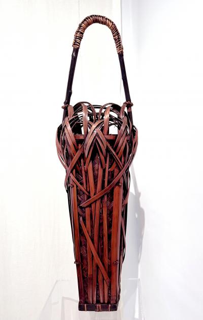 Tall Japanese Sooted Bamboo Ikebana Floor Basket Mingei Meiji Taisho Period