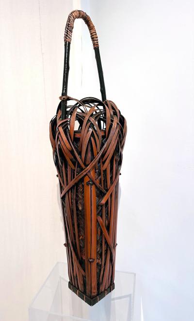 Tall Japanese Sooted Bamboo Ikebana Floor Basket Mingei Meiji Taisho Period