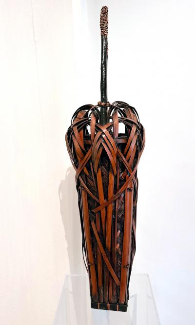 Tall Japanese Sooted Bamboo Ikebana Floor Basket Mingei Meiji Taisho Period