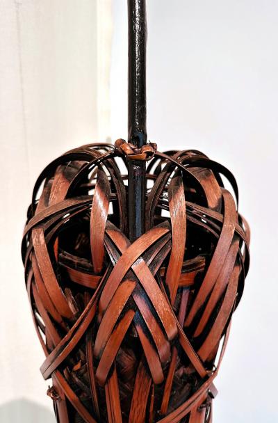 Tall Japanese Sooted Bamboo Ikebana Floor Basket Mingei Meiji Taisho Period