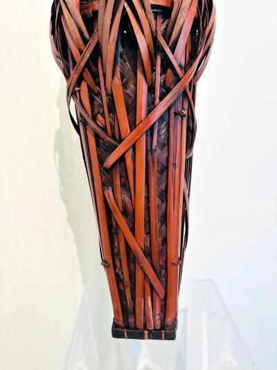 Tall Japanese Sooted Bamboo Ikebana Floor Basket Mingei Meiji Taisho Period