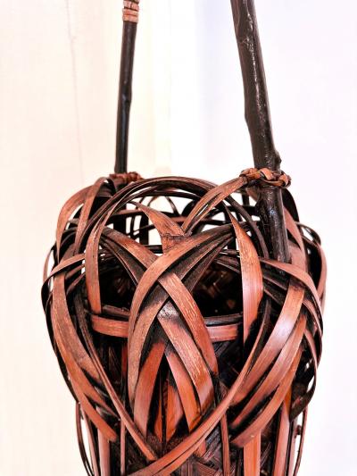 Tall Japanese Sooted Bamboo Ikebana Floor Basket Mingei Meiji Taisho Period