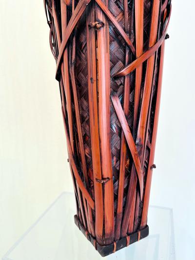 Tall Japanese Sooted Bamboo Ikebana Floor Basket Mingei Meiji Taisho Period