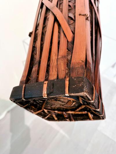 Tall Japanese Sooted Bamboo Ikebana Floor Basket Mingei Meiji Taisho Period