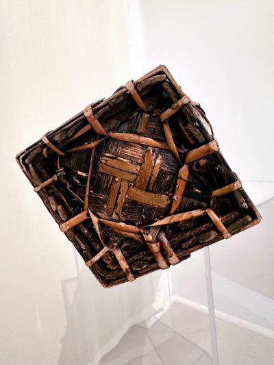 Tall Japanese Sooted Bamboo Ikebana Floor Basket Mingei Meiji Taisho Period