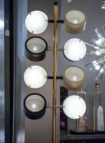 Tall Midcentury Marble Brass Metal and Plexiglass Six Lights Floor Lamp