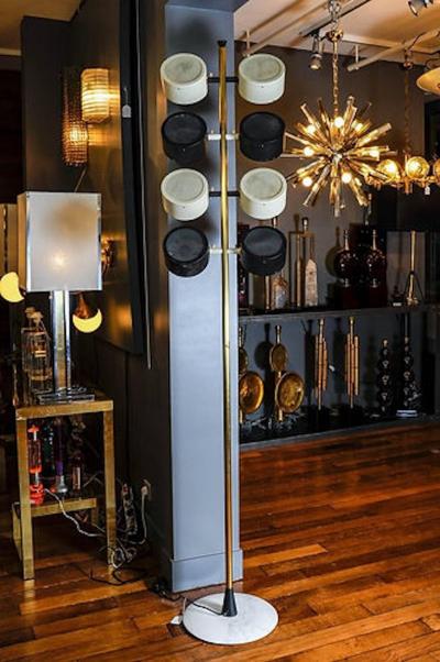 Tall Midcentury Marble Brass Metal and Plexiglass Six Lights Floor Lamp
