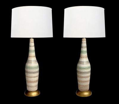 Tall Pair 1960s Bottle form Striped Ceramic Lamps with Crackle Glaze Finish