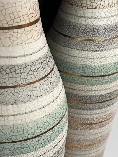 Tall Pair 1960s Bottle form Striped Ceramic Lamps with Crackle Glaze Finish