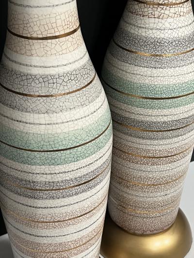 Tall Pair 1960s Bottle form Striped Ceramic Lamps with Crackle Glaze Finish
