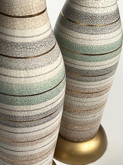 Tall Pair 1960s Bottle form Striped Ceramic Lamps with Crackle Glaze Finish