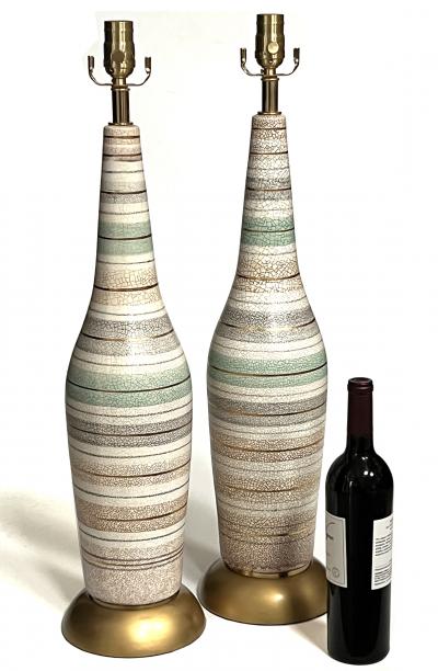 Tall Pair 1960s Bottle form Striped Ceramic Lamps with Crackle Glaze Finish