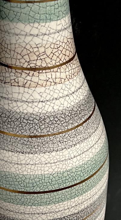 Tall Pair 1960s Bottle form Striped Ceramic Lamps with Crackle Glaze Finish