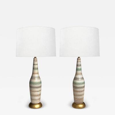 Tall Pair 1960s Bottle form Striped Ceramic Lamps with Crackle Glaze Finish