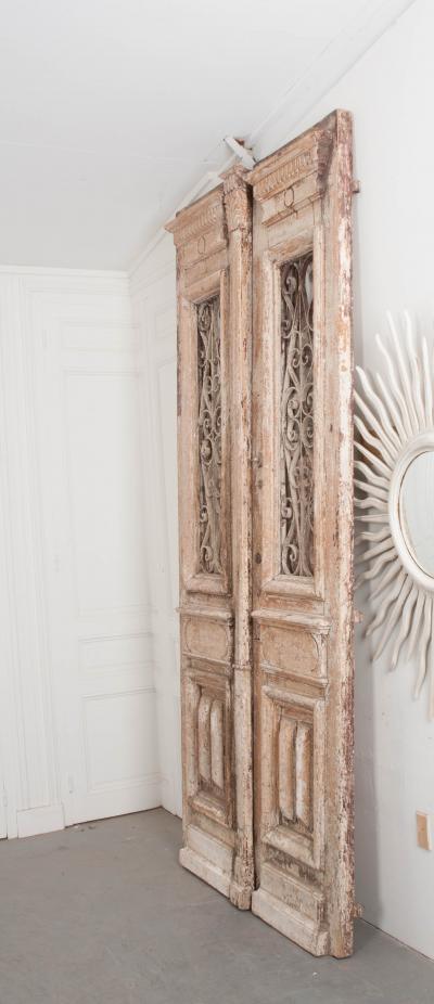 Tall Pair of Napoleon III Style Painted Pine and Iron Exterior Doors