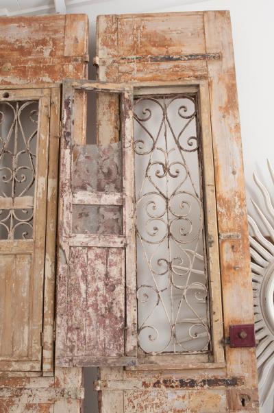 Tall Pair of Napoleon III Style Painted Pine and Iron Exterior Doors