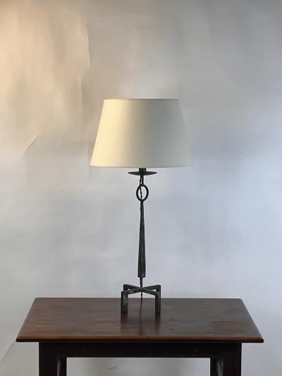 Tall Patinated Wrought Iron Table Lamp with Custom Parchment Shade
