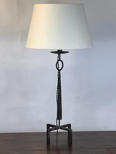 Tall Patinated Wrought Iron Table Lamp with Custom Parchment Shade