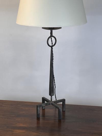 Tall Patinated Wrought Iron Table Lamp with Custom Parchment Shade