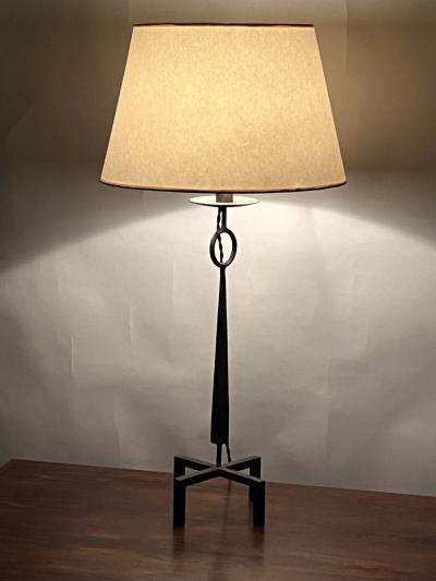 Tall Patinated Wrought Iron Table Lamp with Custom Parchment Shade