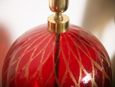 Tall Ruby Red and Gold Leaf Murano Glass Table Lamps 1975s