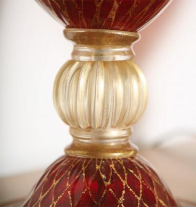 Tall Ruby Red and Gold Leaf Murano Glass Table Lamps 1975s