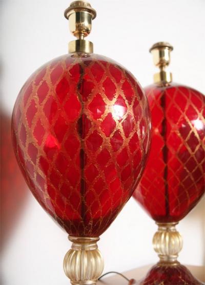 Tall Ruby Red and Gold Leaf Murano Glass Table Lamps 1975s
