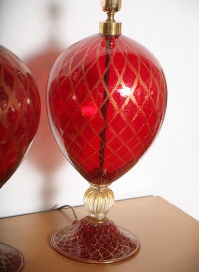Tall Ruby Red and Gold Leaf Murano Glass Table Lamps 1975s