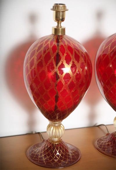 Tall Ruby Red and Gold Leaf Murano Glass Table Lamps 1975s
