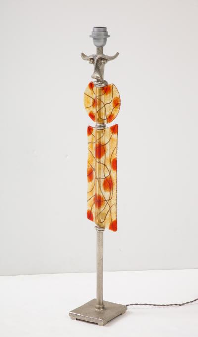 Tall Silver Colored Metal and Art Glass Lamp signed Boy 1980s 