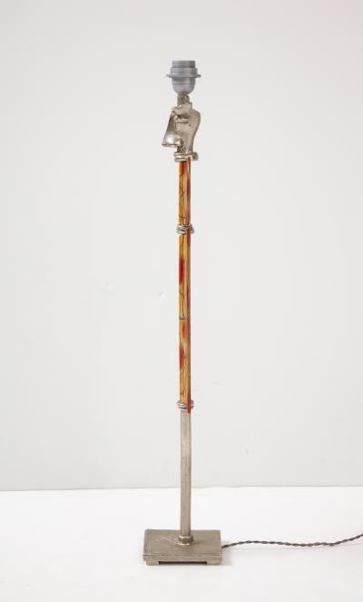 Tall Silver Colored Metal and Art Glass Lamp signed Boy 1980s 