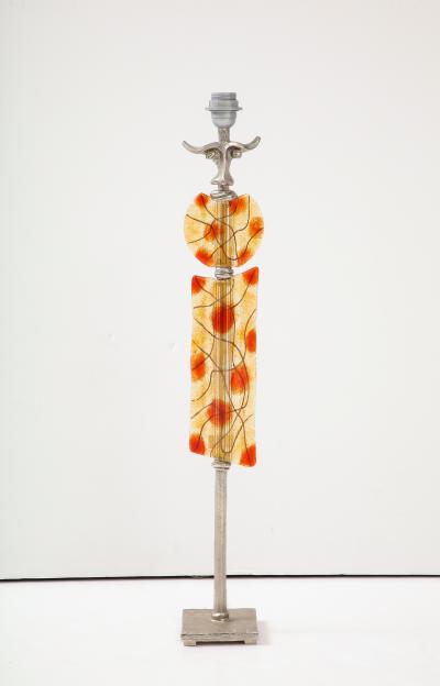 Tall Silver Colored Metal and Art Glass Lamp signed Boy 1980s 