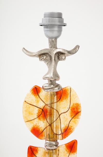 Tall Silver Colored Metal and Art Glass Lamp signed Boy 1980s 