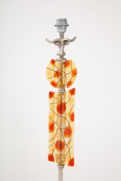 Tall Silver Colored Metal and Art Glass Lamp signed Boy 1980s 