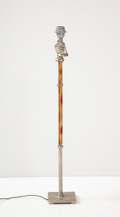 Tall Silver Colored Metal and Art Glass Lamp signed Boy 1980s 