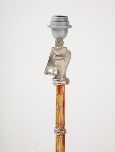 Tall Silver Colored Metal and Art Glass Lamp signed Boy 1980s 