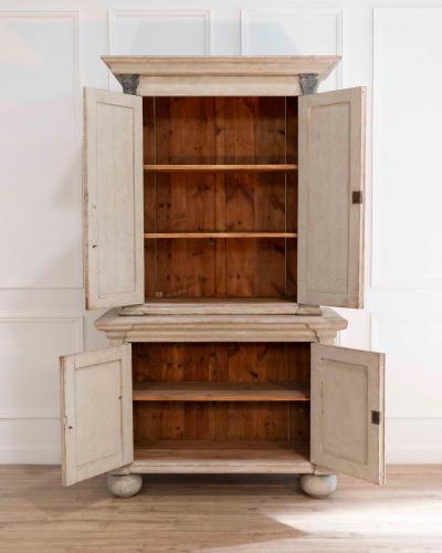 Tall Swedish cabinet in soft grey two piece early mid 19th century